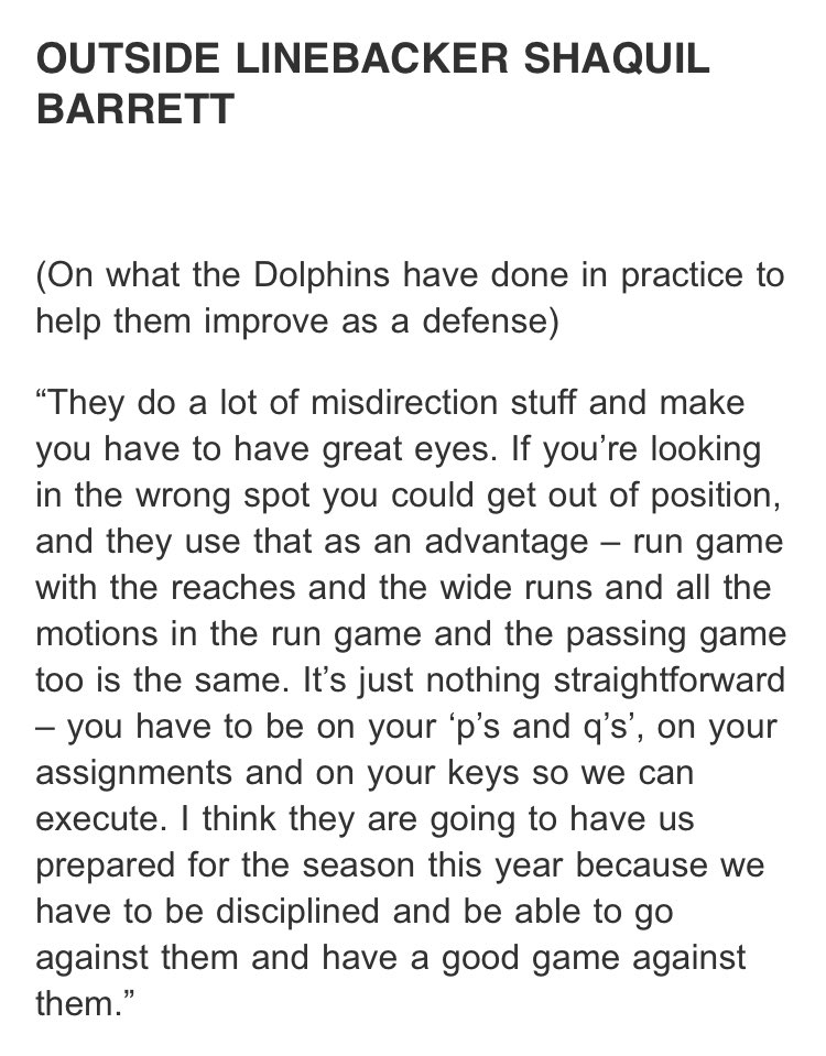 Buccaneers OLB Shaq Barrett with a great quote summarizing what he has seen out of the new Dolphins offense under Mike McDaniel.