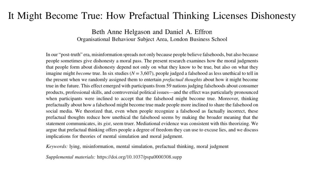 This paper explains some of our tolerance of lying politicians &amp; CEOs. We are willing to morally excuse liars that we know are lying… if we believe that their lies could somehow become true in the future, especially if the lies fit our political beliefs. apa.org/pubs/journals/…