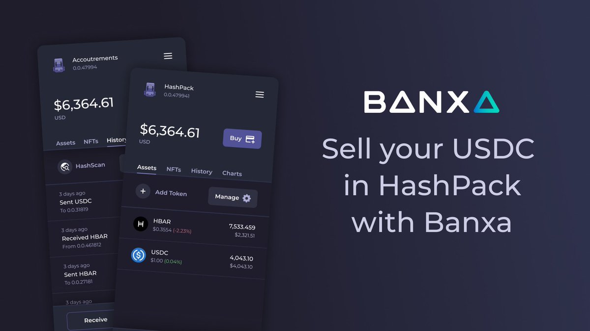 HashPack v3.2.0 - <a href="/BanxaOfficial/">Banxa</a> Offramp - has been released! 🎉

You are now able to sell $USDC from your wallet and deposit to a bank account from the buy/sell menu on the home screen. 

Don't have any USDC? Head over to <a href="/SaucerSwapLabs/">SaucerSwap Labs</a> and trade your tokens for it!

(1/3)