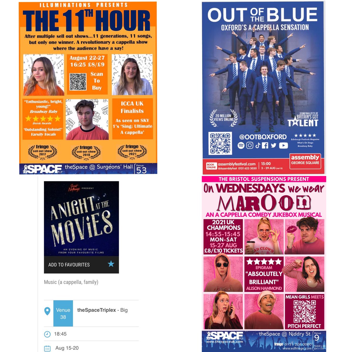 Lots of #acappella to see <a href="/edfringe/">Edinburgh Festival Fringe</a> this year. <a href="/RollingTonesKCL/">The Rolling Tones</a> <a href="/AquapellaBath/">Aquapella</a> <a href="/RadioOctave_/">RadioOctave</a> <a href="/TheSongsmiths/">The Songsmiths</a> <a href="/CadenzaOfficial/">Cadenza</a> <a href="/NLACappella/">Northern Lights</a> <a href="/SemiToned/">Semi-Toned</a> <a href="/DurhamDynamics/">Durham Dynamics Acapella</a> <a href="/OxfordBelles/">The Oxford Belles</a> <a href="/brisuspensions/">Bristol Suspensions</a> <a href="/OtherGuysStAs/">The Other Guys</a> <a href="/ootboxford/">Out of the Blue</a> <a href="/OxAlts/">The Oxford Alternotives</a> <a href="/oxfordgargoyles/">The Oxford Gargoyles</a> <a href="/IlluminationsA/">Illuminations A Cappella</a> <a href="/SweetNothingsX/">Sweet Nothings</a>