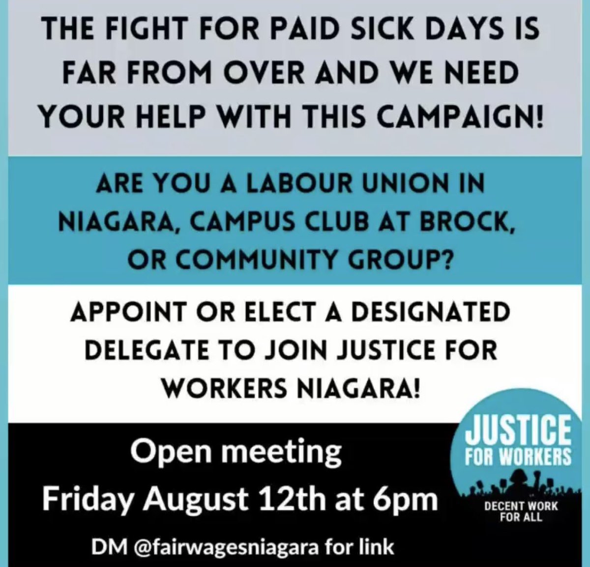 United we stand! Open meeting
Friday August 12th at 6pm. DM us (@fairwagesniagara) for
link!
#justice4workers
#fightfor15 #fightfor15andfairness
#fightfor15andfairnessniagara #workersrights #labourmovement #labourstruggles #NiagaraUnions #unions #BrockUniversity #StCatharines