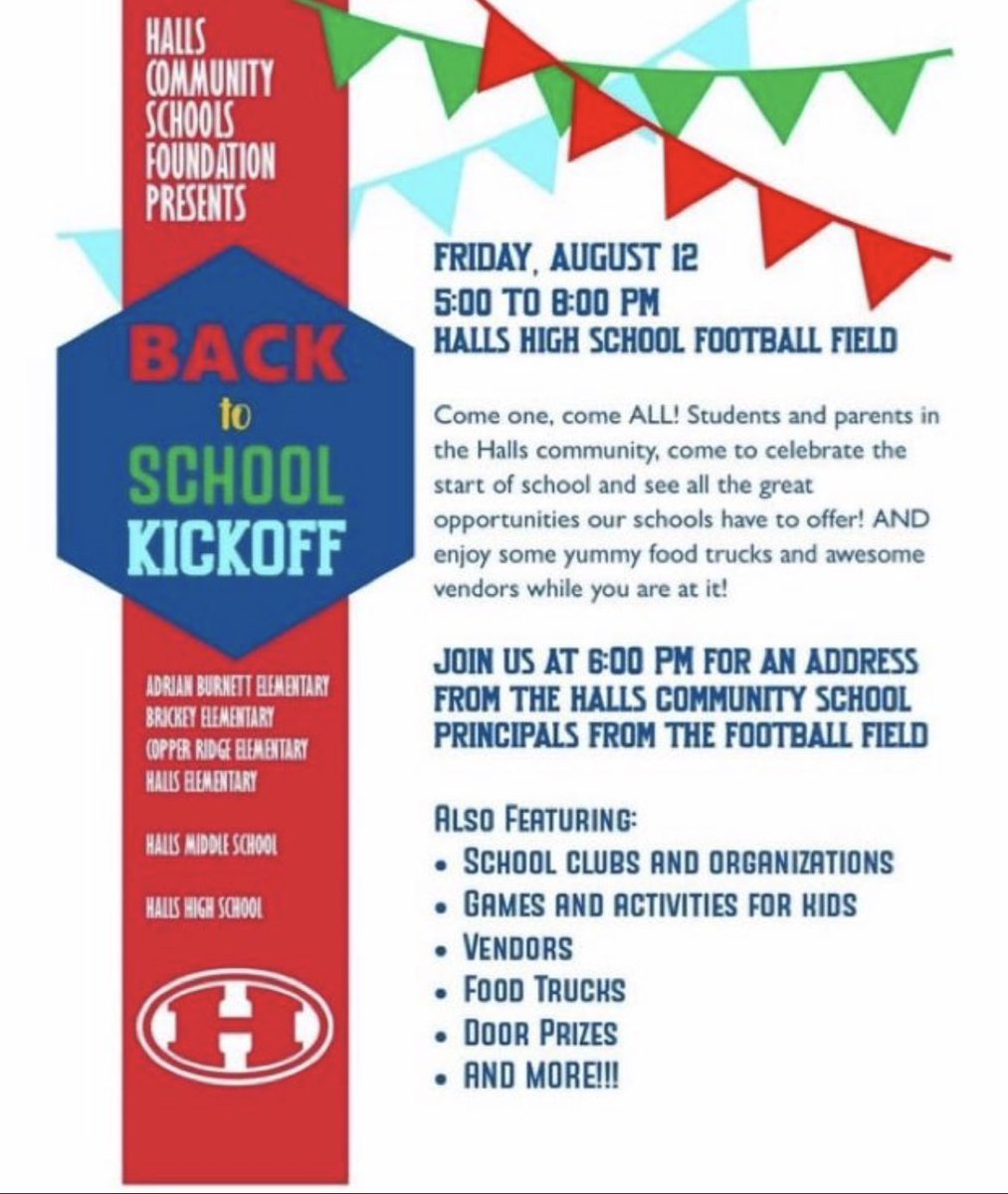 HHS Open House tomorrow night!! After visiting with teachers, come down to the football field &amp; support our community!! <a href="/HallsHighTN/">Halls High School</a>