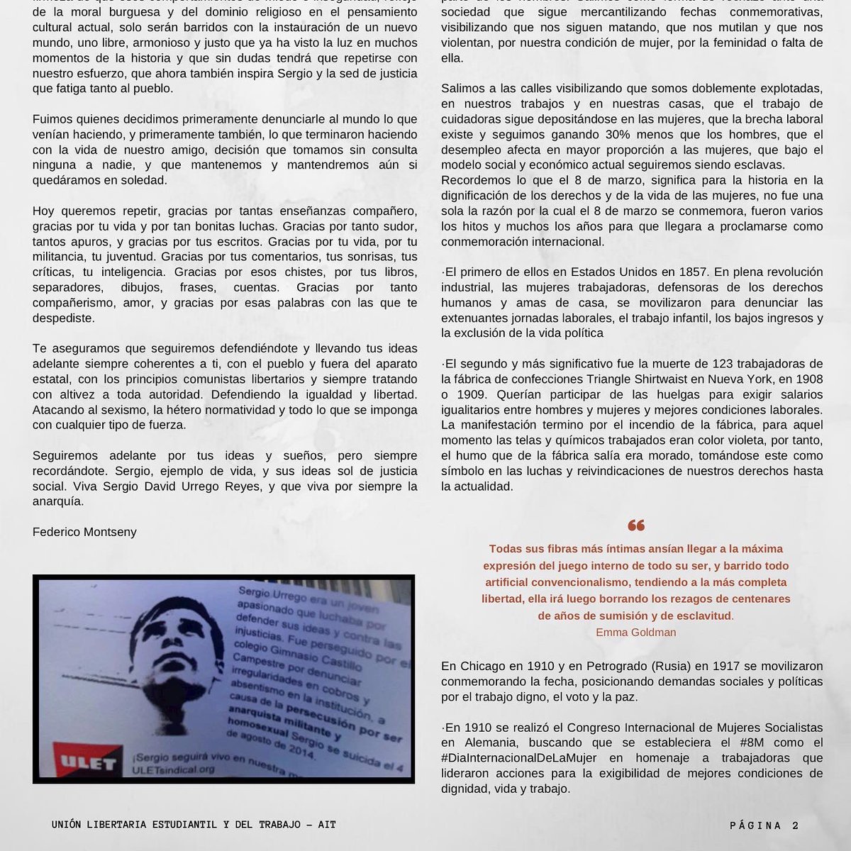 ¡Ya esta disponible!
L(A) Huelga en su cuarta edición. 
Esta edición se la queremos dedicar a nuestro compañero Sergio David Urrego.
¡Sergio vive, 
viva la Anarquía! 
Descarga
Leer: Consulta el siguiente link: huila.uletsindical.org/2022/08/la-hue…