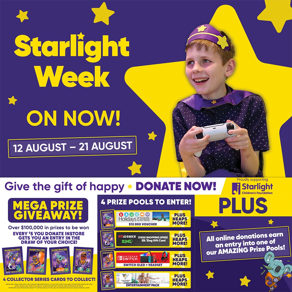 ⭐💜 #StarlightWeek is officially here! 💜⭐

Help us brighten the lives of seriously ill children across Australia and give the gift of happy at EB Games instore and online! bit.ly/3pwxKrb

T&amp;C’s: starlight.ebgames.com.au