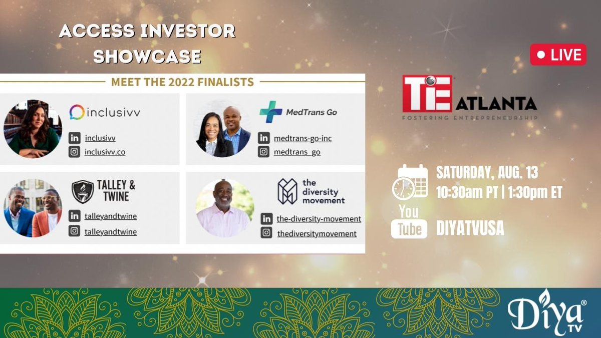 #WATCH: As the #FinalFour companies across America compete to get investments from #TiEAtlantaAngels. 
Saturday 1:30PM ET.

#TiEAtlanta #TiE #InvestorShowcase

<a href="/tieatlanta/">TiE Atlanta</a> <a href="/inclusivv/">Inclusivv</a> @MedTrans_Go  <a href="/TalleyandTwine/">Talley & Twine</a> <a href="/diversitymvmt/">The Diversity Movement</a> 

youtu.be/AgYMQoBuI5Y