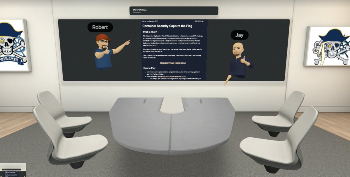 A glimpse behind the scenes of the DEF CON #Kubernetes Capture the Flag contest - two of the organizers run a control room in the #metaverse to manage clusters &amp; help teams during the contest.
There’s still time to register! containersecurityctf.com
#DEFCON30 <a href="/ctfsecurity/">Container Security CTF</a>