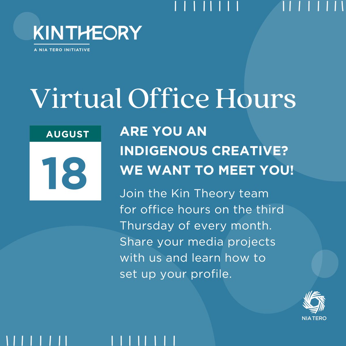 NiaTero's tweet image. 👋🏽 Hello there, #IndigenousCreatives! Are you signed up yet for #KinTheory? We'd love to meet you during our virtual office hours. We meet every 3rd Thursday of the month with our next session coming up on Aug 18 at 10 am PDT.

➡️ Sign up for office hours: bit.ly/3AdxFyG