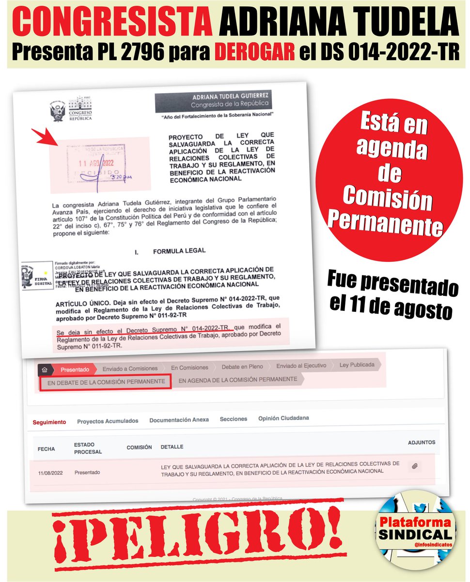 InfoSindicatos's tweet photo. #ALERTASINDICAL ¡URGENTE! Congresista Adriana Tudela @adrianatudelag presenta Proyecto de Ley 2796 cuyo fin es DEROGAR el DS 014-2022-@MTPE_Peru. Se encuentra en la agenda de la Comisión Permanente @congresoperu. Ver PL 👉🏾: https://t.co/hV1zPw6cxk @sigridbazan @chabelitacongre https://t.co/xUEBHDf9wW