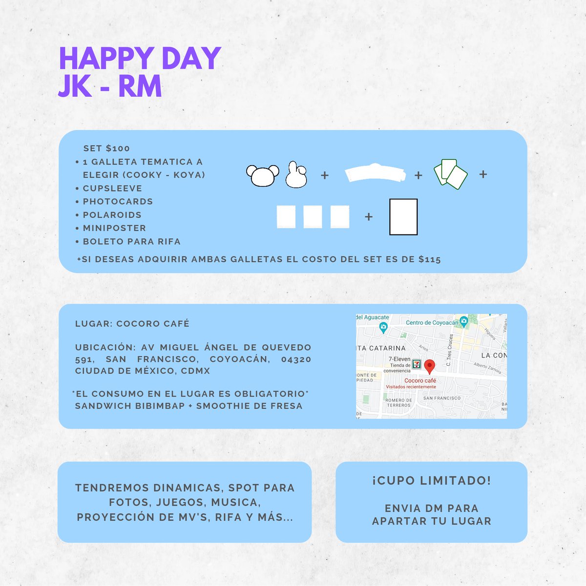 ✨ 𝗛𝗔𝗣𝗣𝗬 𝗗𝗔𝗬 𝗝𝗨𝗡𝗚𝗞𝗢𝗢𝗞 &amp; 𝗥𝗠 ✨

📍 Cocoro Café

Para apartar tu lugar envia DM 📩

¡Cupo limitado!

Tendremos dinámicas, proyección de MVs, RUN BTS, Runs rifa ¡Y más sorpresas! ✨

Ven y celebremos juntxs 🫶🏻