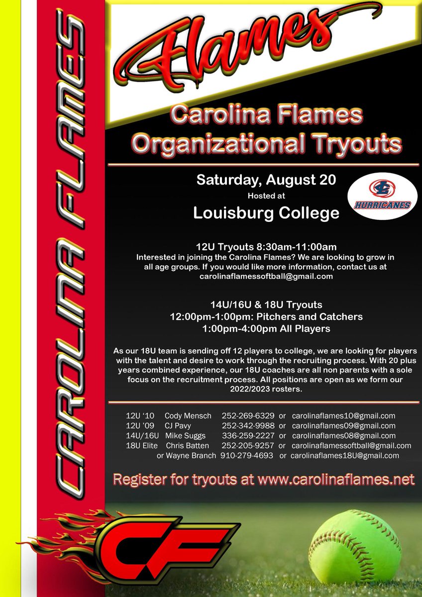 💥📢 Tryouts are coming up quickly and we are looking forward to seeing all the new talent we have registered! If you havent signed up yet, go to carolinaflames.net now and join us on August 20th! 🥎🥎🥎