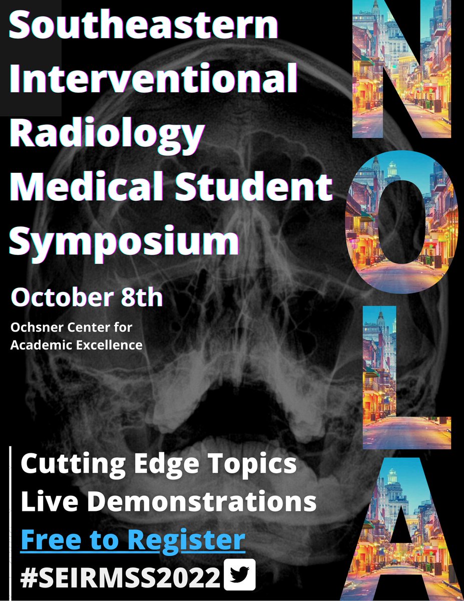 ConnorSoles's tweet photo. Register today for the Southeastern Interventional Radiology Medical Student Symposium. Hands on device demonstrations &amp; Lecture series. #futureradres #MedTwitter #NOLA 

October 8th New Orleans LA #SEIRMSS2022 Click the link below to register: 

https://t.co/VQjcwUXme0 https://t.co/dndHGxFKGo