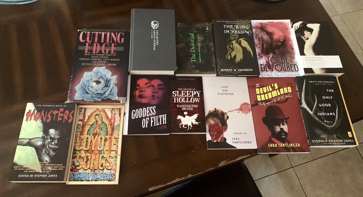 ghostmonsterkid's tweet photo. Recent Horror/Gothic/Dark Poetry purchases! From classics by Washington Irving, MR James, Robert Chambers and Charles Baudelaire, to two old school anthologies, to modern authors like @Gabino_Iglesias @vlatinalondon @SGJ72 @SaraTantlinger  @misery_williams ! Chills/thrills await! https://t.co/4d8DENc3Eg