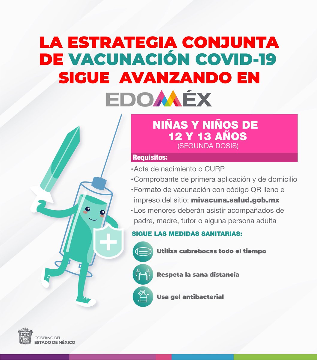 secti_edomex's tweet photo. #Hoy continúa la aplicación de la segunda dosis, para niñas y niños de 12 y 13 años, en #Ecatepec.
Consulta sedes y requisitos 👉 
https://t.co/i5Zh5jbidH
#EstrategiaDeVacunación 💉 https://t.co/vmWS1GrcPn