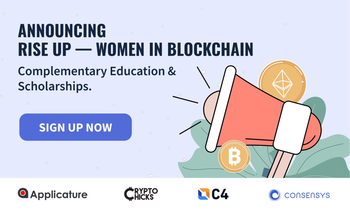 LearnMoreWithC4's tweet photo. 📢Announcing Rise Up- Women In Blockchain!

Together with @ConsenSysAcad, @crypto_chicks, @Applicature we’re tackling the #blockchain technology gender gap with education and scholarships for entrepreneurs, devs, and those new to the industry!

Apply here: https://t.co/JcTTfdzy67 https://t.co/eBYyudccZJ