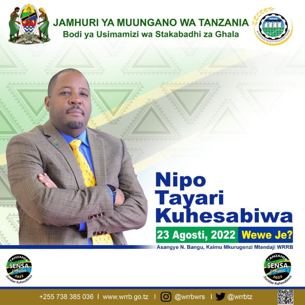 NIPO TAYARI KUHESABIWA 23 Agosti 2022.

Sensa Kwa Maendeleo ya Taifa

#sensa_2022 
#nipotayarikuhesabiwa2022 
#WRRB_2022 
#Stakabadhi_Ghalani 
#kazi_iendelee🇹🇿