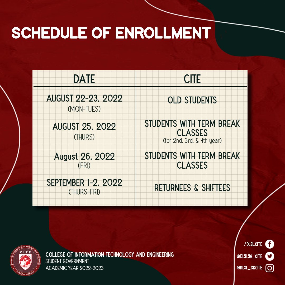 dlslsg_cite's tweet photo. Attention, CITEzens!

Ber-months are approaching fast, and so is our enrollment!

Check here the enrollment schedules and processes for the First Semester of the A.Y 2022-2023.

For any concerns, send us a message on our Facebook page or an email at sg.cite@dlsl.edu.ph. https://t.co/nk2MMheUHa