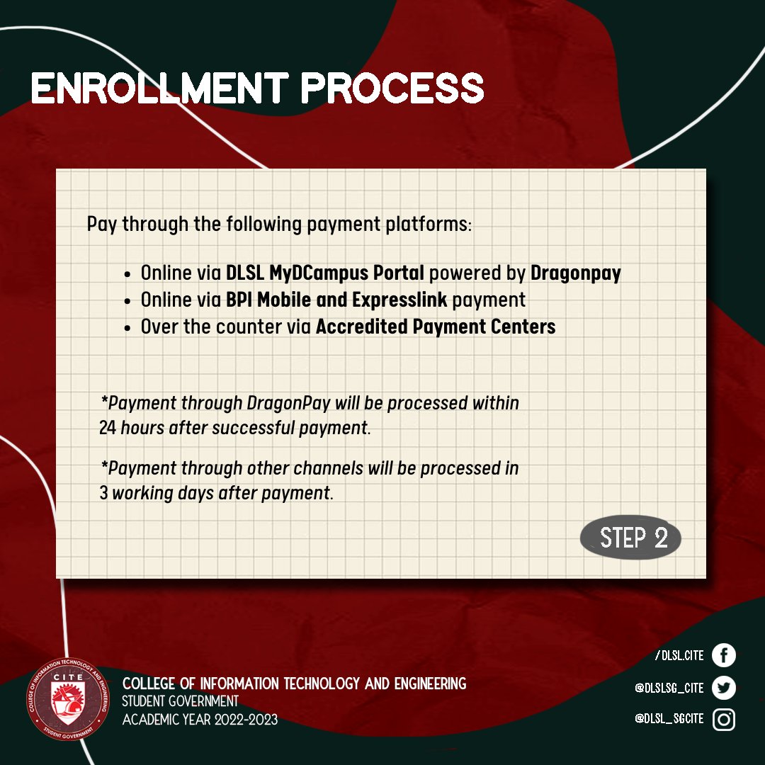dlslsg_cite's tweet photo. Attention, CITEzens!

Ber-months are approaching fast, and so is our enrollment!

Check here the enrollment schedules and processes for the First Semester of the A.Y 2022-2023.

For any concerns, send us a message on our Facebook page or an email at sg.cite@dlsl.edu.ph. https://t.co/nk2MMheUHa