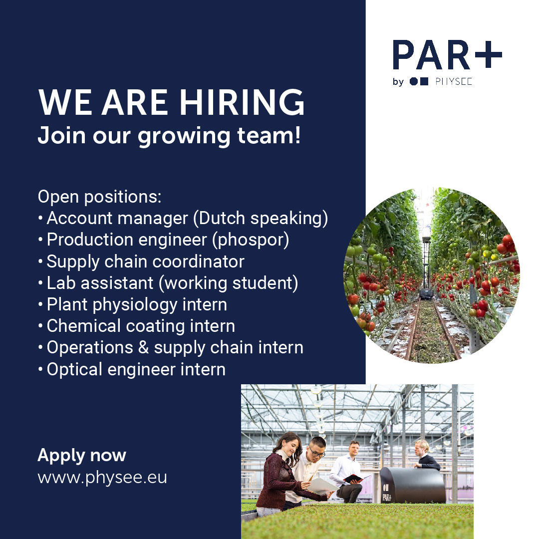 Join our growing PAR+ team!
Let's contribute to food sustainability together!  
At PHYSEE,  everybody is welcomed to be themselves and do a great job. 
Apply now zcu.io/853D 

#Parplus #horticulture #parlight #cropyield #greenhouse #hortitech #greentech #hiring