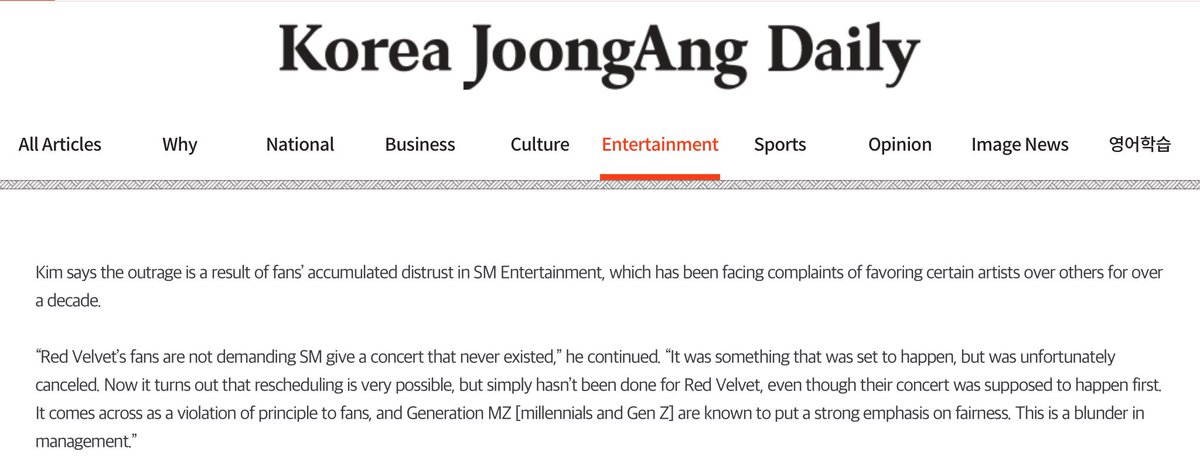 softseultoduhgi's tweet photo. “Kim says the outrage is a result of fans’ accumulated distrust in SM Entertainment, which has been facing complaints of favoring certain artists over others for over a decade.” 

EXACTLY! It’s not just about the concert. It is about Red Velvet’s mistreatment since their debut. https://t.co/0IDR2WaCsT