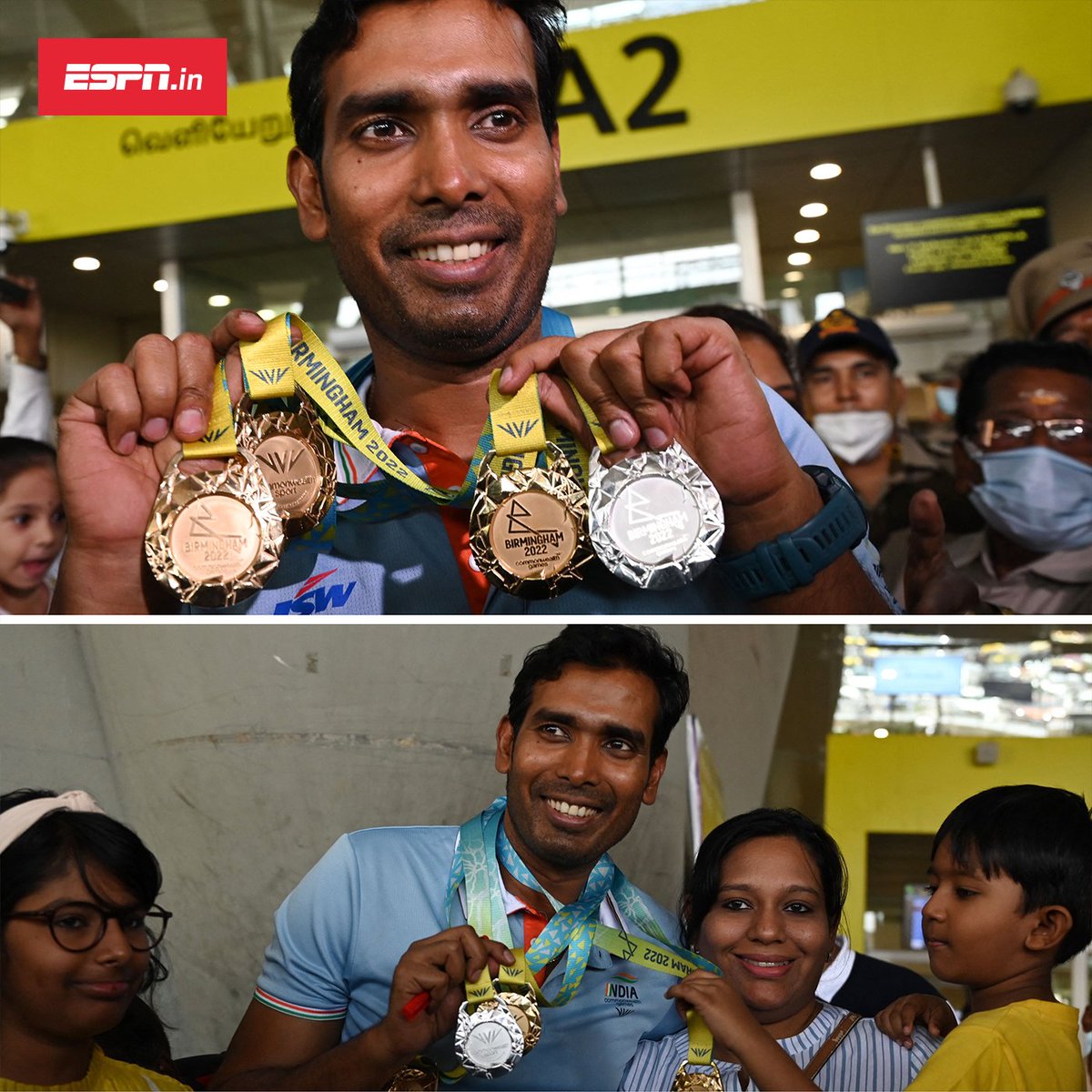 Sharath Kamal returns to Chennai with his four #CWG22 medals: three golds and one silver 👑