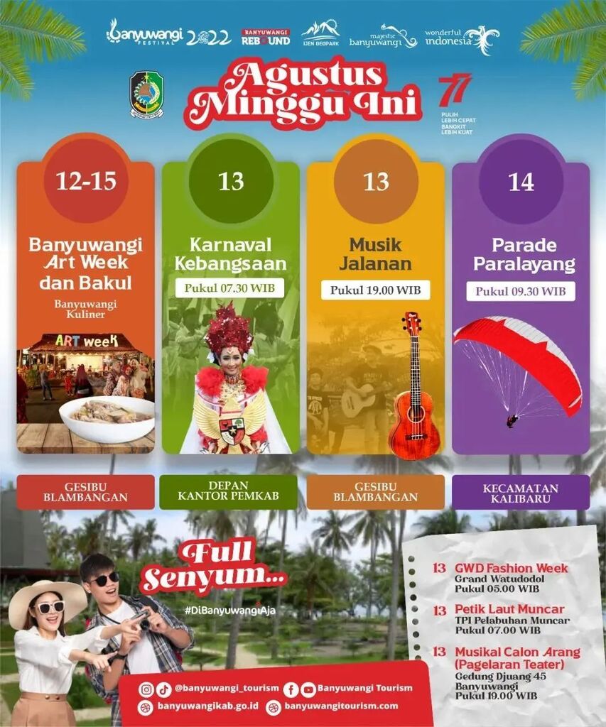 EventBwi's tweet image. From @banyuwangi_tourism Bulan Agustus full senyum sayang 😍

Bingung weekend mu mau pergi kemana? Yuk, datang ke berbagai event yang ada di Banyuwangi weekend besok. Mau kulineran, wisata, ataupun tradisi ada semua.

Jadi, jangan sampai ketinggalan d… instagr.am/p/ChJU1UDL8vE/