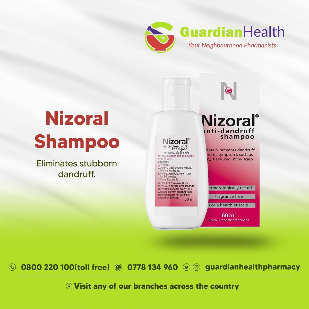 Nizoral anti-dandruff shampoo treats & prevents dandruff & its symptoms such as a dry, flaky, red, itchy scalp.

☎️Order now through our tollfree 0800220100 or WhatsApp 0778134960

#YourNeighbourhoodPharmacists 
#Dandruff #ItchyScalp