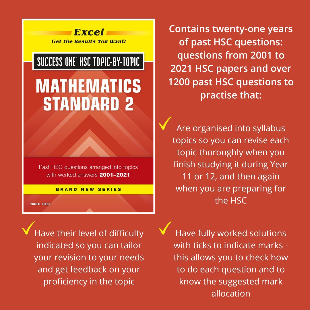 PressPascal's tweet image. The BRAND NEW Excel Success One HSC Topic-By-Topic Mathematics Standard 2 2022 Edition for students in years 11-12 is on sale! Was $39.95, Now 31. Click to read more about this great new book. hubs.li/Q01jNnDL0 #pascalpress #pascal #press #excel #year11 #year12 #secondary