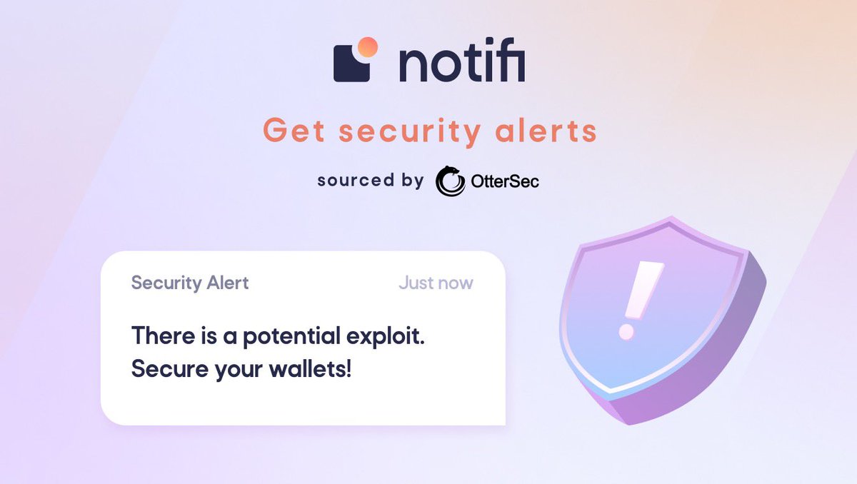 NotifiNetwork's tweet image. 🚨 New Feature — Security Alerts 🚨

@NotifiNetwork x @osec_io 

• Protecting your assets is crucial in today’s market. In response we’ve partnered with OtterSec to launch Security Alerts. User’s can opt-in to receive instant alerts on suspicious wallet activity &amp;amp; more. (1/4) 🧵