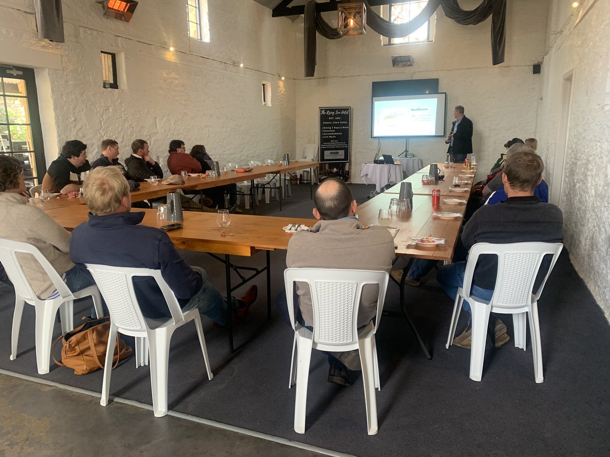 deb_scammell's tweet photo. A great day yesterday at the final MNHRZ tech session. We heard about biosecurity @SA_PIRSA, pasture trial updates @AgrilinksGroup, virtual fencing and thanks to Mark @Fergenetics for another long journey to SA to discuss ASBV’s. A great group of farmers @MidNorthHRZ https://t.co/jaRogsvAdj