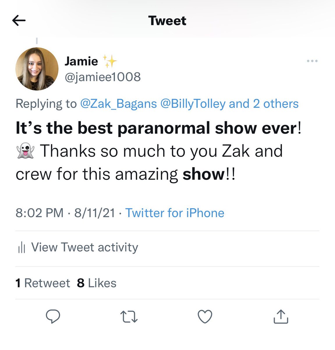 jamiee1008's tweet photo. @Zak_Bagans One year ago today, you made my day by liking my tweet. If you wanna like this on the same day, that would be so cool because I think you are so awesome!!! https://t.co/Sx6EbnAAtj