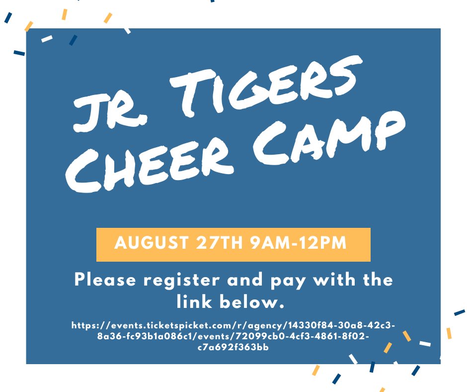 Please join us for our annual Jr Tiger Cheer Camp. Date: Saturday, Aug. 27, 2022 Time: 9am - 12pm Location: MPHS Main Gym Cost: $35 (includes Camp & T-Shirt) Registration Link: forms.gle/KjaV2mVzN3cnT9… Online Payment Link: events.ticketspicket.com/agency/14330f8…