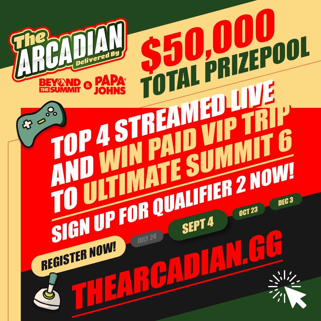 The Arcadian by @BTSsmash & Papa Johns is an event dedicated to the unranked players of the Ultimate community!

With a $50,000 prize pool and free travel to Mainstage for qualified players, this is a can't-miss opportunity! #PapaJohnsSSB

Sign-up at bts.gg/arcadian