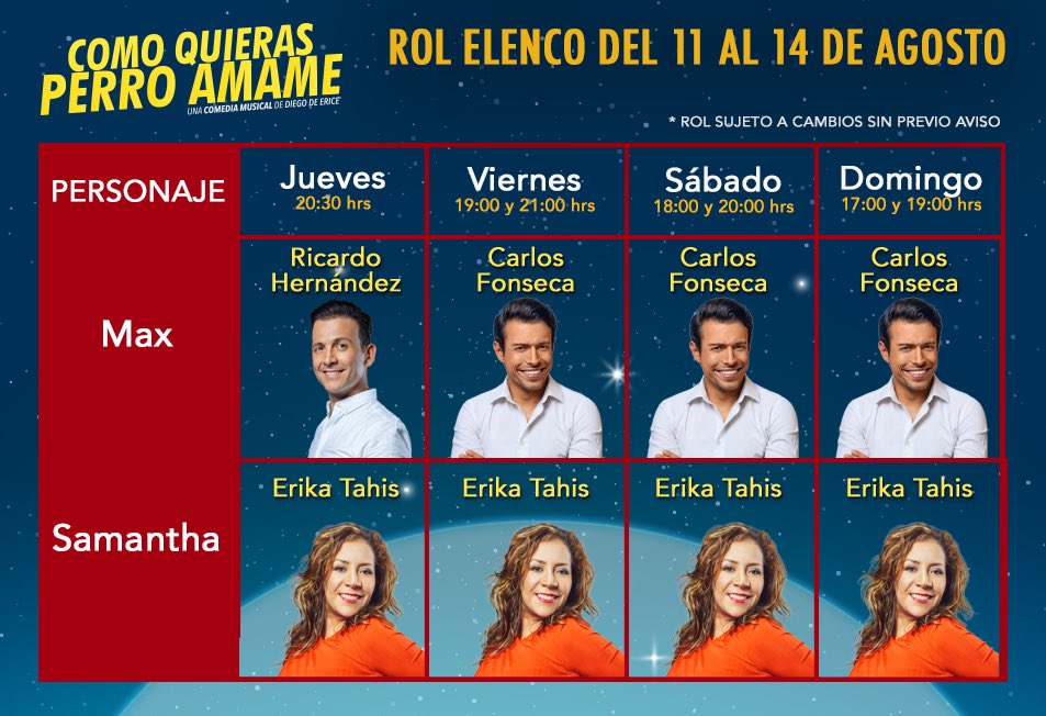 Ya está la diversión con <a href="/CarlosFonsecaOf/">Carlos Fonseca</a> @ErikaTahis y <a href="/_ricardosoy/">Ricardo Ache</a> en <a href="/PerroAmameMx/">Como Quieras Perro Ámame</a> ¡No Puedes Faltar!

HORARIOS:
🗓 Jueves 8:30 PM
🗓 Viernes 7 y 9 PM
🗓 Sábado 6 y 8 PM 
🗓 Domingo 5 y 7 PM 
Boletos 🎟
bit.ly/BoletosPerro