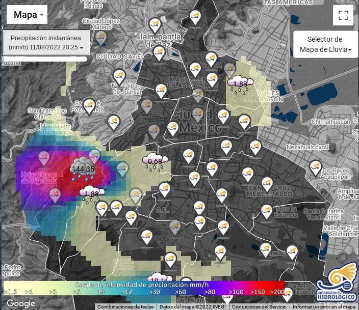 ohiiunam's tweet photo. Intensidad de lluvia 11/08/22 20:25hrs en:
AJUSCO 19.11 mm/h y 2.41 mm
CUAJIMALPA 144.35 mm/h y 11.96 mm https://t.co/iGPWVynnrg