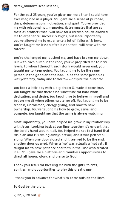 BeLoudWearRed's tweet photo. Today, @derek_orndorff announced his retirement from baseball. It was a pleasure watching him play this past season. I've never seen a baseball player play with more hustle than him. That drive will serve him well in whatever endeavors he pursues. Godspeed, Derek. https://t.co/h7lWq6ta9l