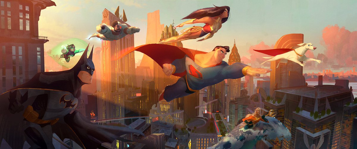 Krypto and our #DCSuperPets #JusticeLeague development painting by Art Director Ryan Carlson. We wanted something classic, something fresh and something Art Deco in our JLA (along with our Metropolis)✨there’s gold in all of our humanoid heroes’ costumes...