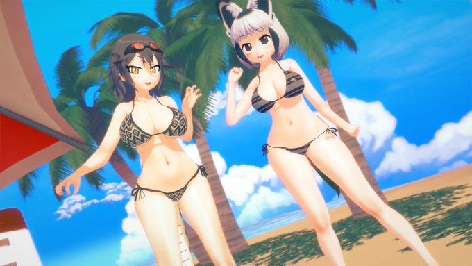 水着を着て出たハブとオオミミちゃん🐍🦊🏝️ 