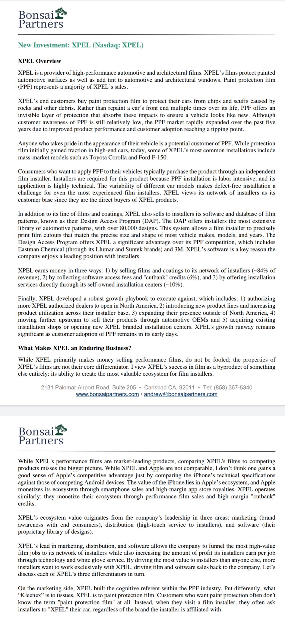 C.J. on Twitter "Articulate XPEL thesis via Bonsai Partners