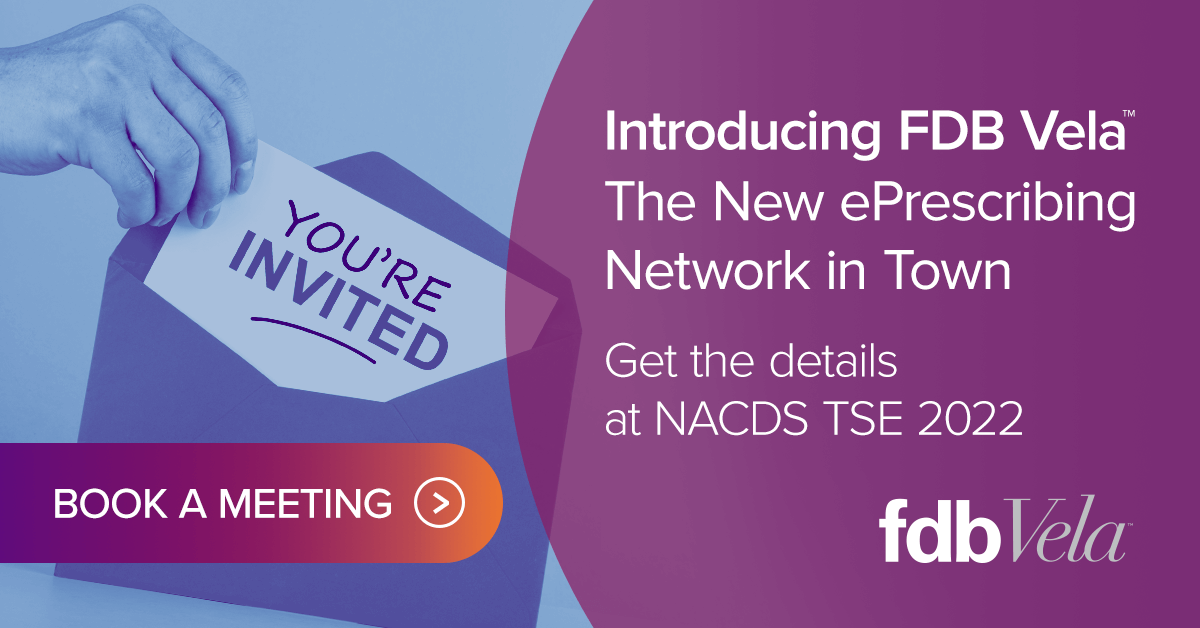 FDB_US's tweet photo. Joining #FDBVela will enable you to gain greater control over #ePrescribing expenses, enjoy new revenue streams & create a better experience for all customers. Drop by booth #1817 during @NACDS TSE to learn more. Contact us: https://t.co/64mBhzP3iN #ePrescribingNetwork #NACDSTSE https://t.co/Ce5RXRDOGb