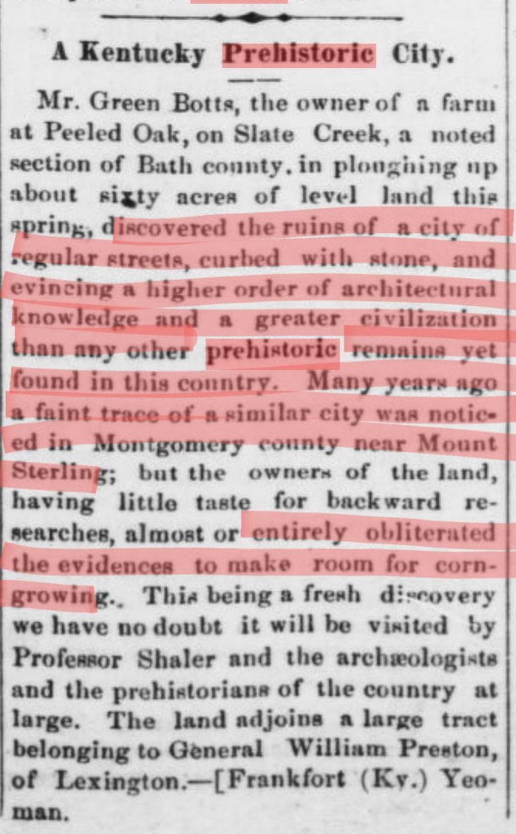 1_analog_9's tweet photo. A Kentucky Prehistoric City. Ohio. 1875. "Owner of farm.. ploughing up land.. discovered the ruins of a CITY OF REGULAR STREETS.. CURBED WITH STONE.. HIGHER ORDER OF ARCHITECTURE AND KNOWLEDGE AND GREATER CIVILIZATION THAN ANY YET FOUND IN THIS COUNTRY.." https://t.co/H4AwO0sGzv