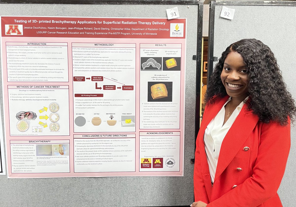 Fantastic job by our LSSURP student Jessica O. who presented work on custom 3D printer brachy applicators that she helped developed. Great to have you in the clinic and lab this summer! ⁦@DavidMedPhys⁩ ⁦⁦<a href="/UMNMSTP/">University of Minnesota MD-PhD Program</a>⁩