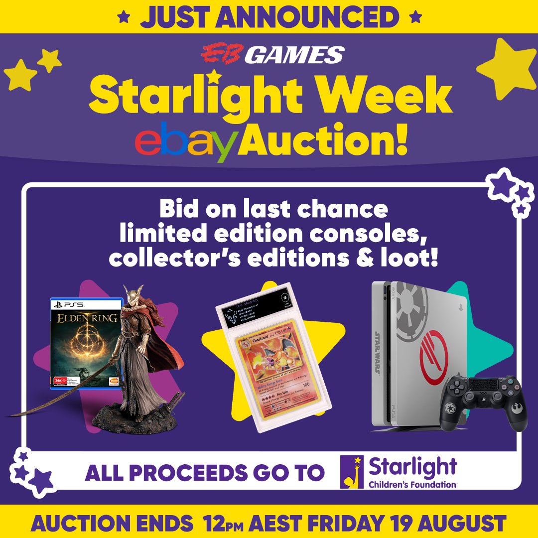 EBGamesAus's tweet photo. ⭐ INTRODUCING Starlight eBay #Auctions! ⭐

This is your LAST CHANCE to bid on #LimitedEdition consoles, #CollectorsEditions, and HEAPS more with all money raised going to the Starlight Children's Foundation! 💜

Give the gift of happy: https://t.co/08rPM62NXo

#StarlightWeek https://t.co/mVvyYwrSAp