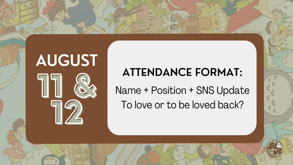 ㅤ

       ʚ KAPE ATTENDANCE.⠀⠀ ☕ ɞ

        The attendance will only be
         valid until 11:OO pm only.
ㅤ
ㅤ