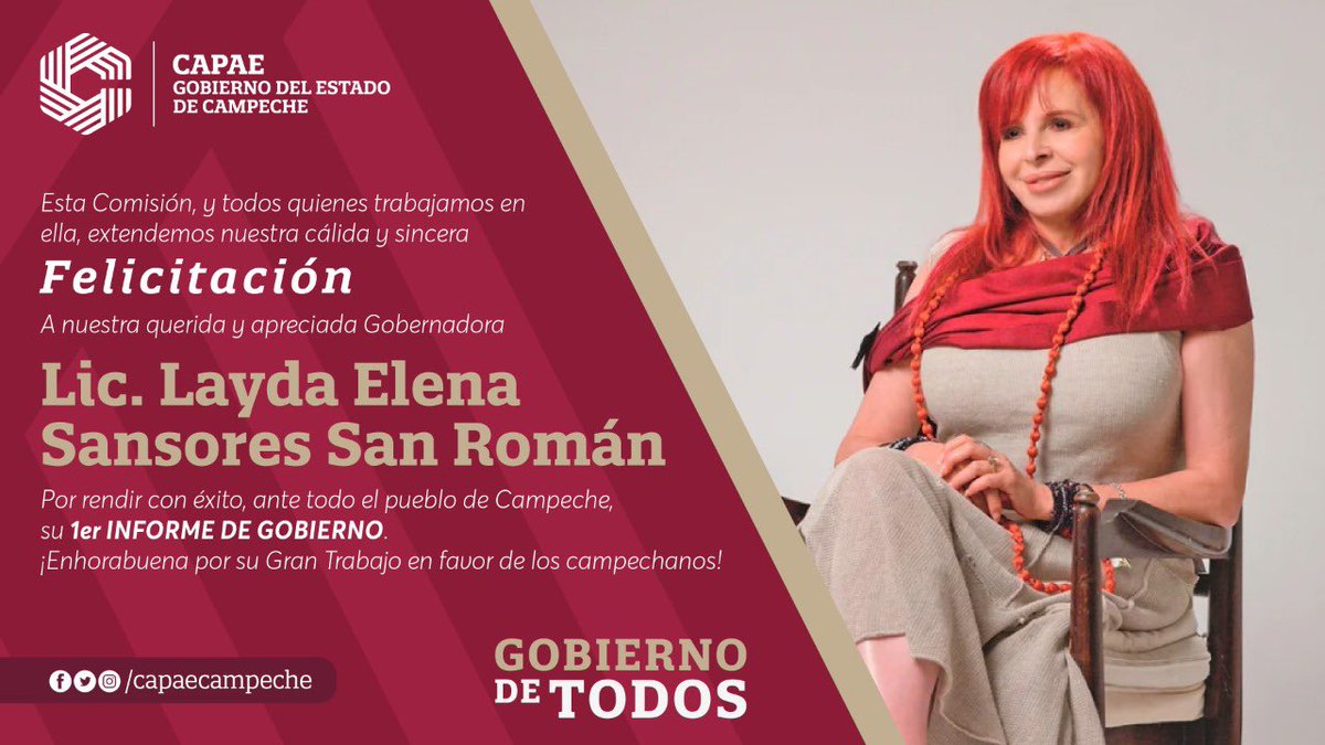 capaecampeche's tweet photo. 🎉El equipo #CAPAE hace extensiva la felicitación a la Gobernadora @LaydaSansores por rendir su #PrimerInforme de gobierno ante los campechanos.🎉
¡Muchas felicidades, enhorabuena! 🥳 https://t.co/KGadu16Hp8