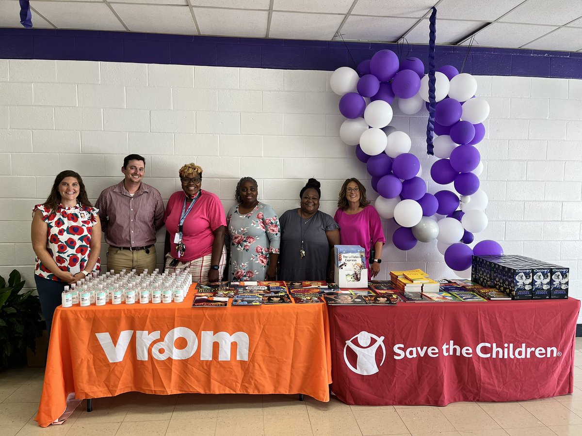 Thank you to the ladies of Save the Children for your generous donation of books and sanitizer for our students! 💜