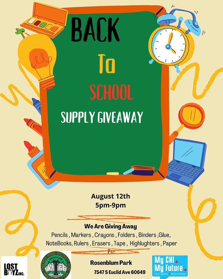 LostBoyzInc's tweet photo. Come out tomorrow for our Back 2 School Bash๐ฅณ Free Bookbags and school supplies ๐ From 5-9PM at Rosenblum Park. Bring the kids out and come have fun before school starts.โผ๏ธโผ๏ธ #mcmf #mychimyfuture #lostboyz #summerkickback #Nonprofit #chicagoparkdistrict https://t.co/6SzfQtNedl