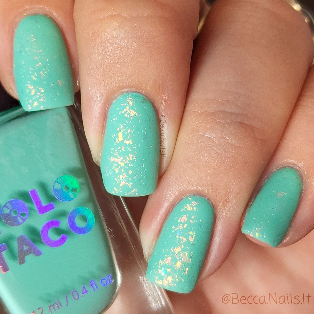 BeccaNailsIt's tweet photo. I present "Peel the Burn" @holotaco BYOB. My BYOB would be Peely Base, Sea Foam Home, topped with Solar Unicorn Skin and a Matte Taco! Have the sun and the sea all in one mani without going outside! Perfect for summer! 🌞 #HoloTacoBYOB @nailogical https://t.co/VouIx65LHw