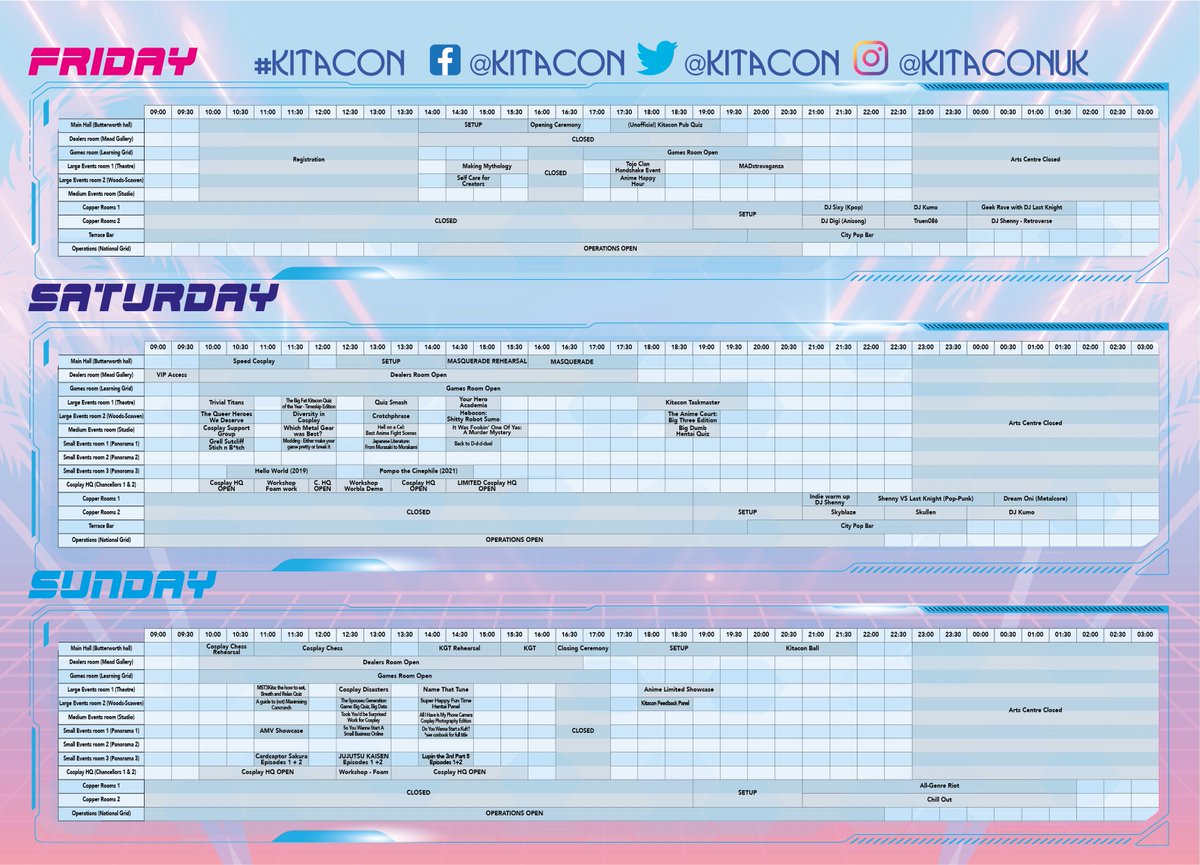 Kitacon's tweet image. Good Morning!

It's been a long time coming but we have finally gotten our schedule ready for you.

A full version can be found at our 'What's On' page on our website: kitacon.org/whats-on/