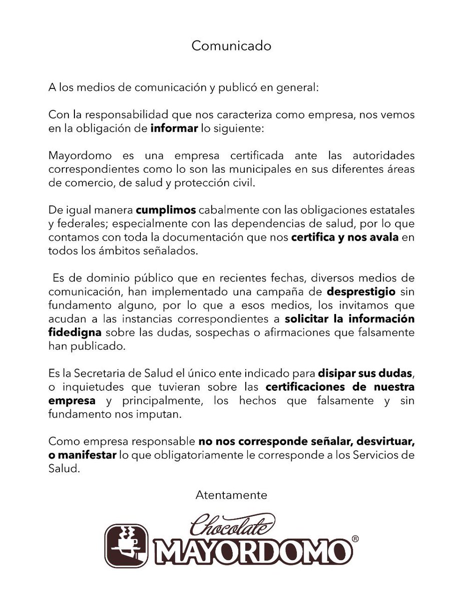 #COMUNICADO / La empresa de #Oaxaca <a href="/ChocoMayordomo/">Chocolate Mayordomo</a>, informa a la ciudadanía: