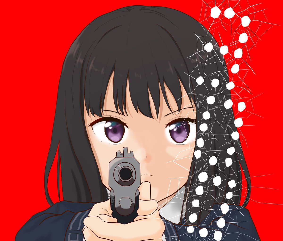 inoue takina 1girl weapon gun black hair solo aiming at viewer purple eyes  illustration images